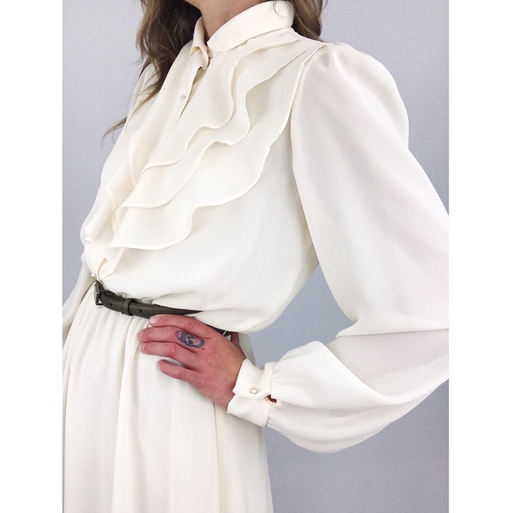 Vintage Sheer Ruffle Midi Dress in Ivory | Size S/M - Picture 13 of 15